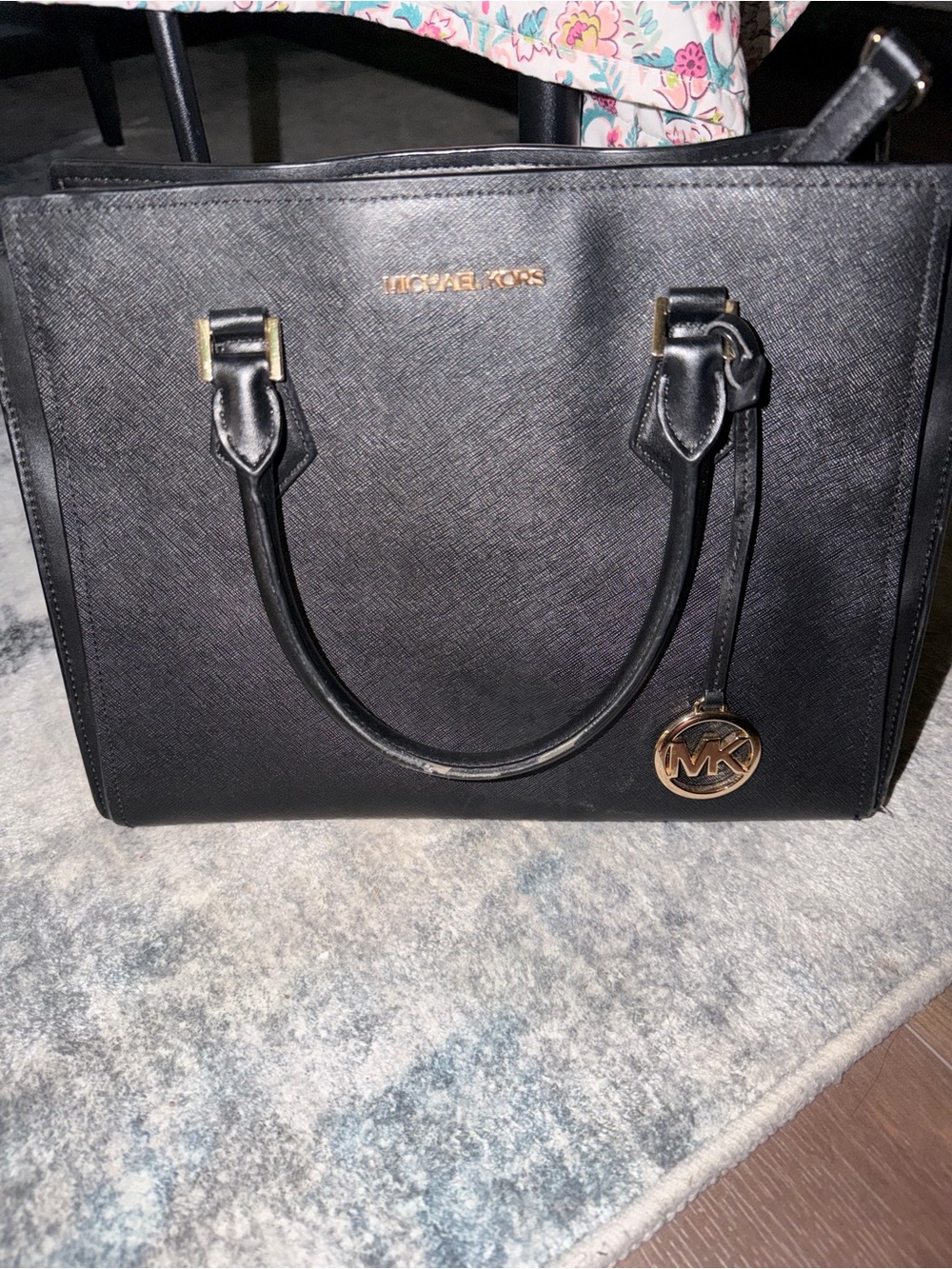 Michael Kors Black Saffiano Satchel with Gold Accent MK Charm